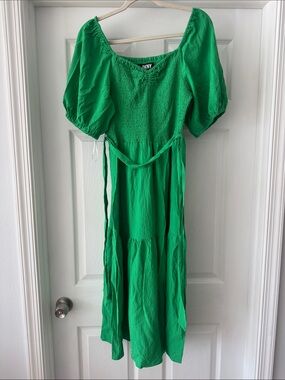 DKNY Emerald Green Puff-Sleeve Midi Dress